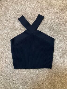 Babaton Sculpt Knit Cross Crop Top Navy Ribbed NWT Size S